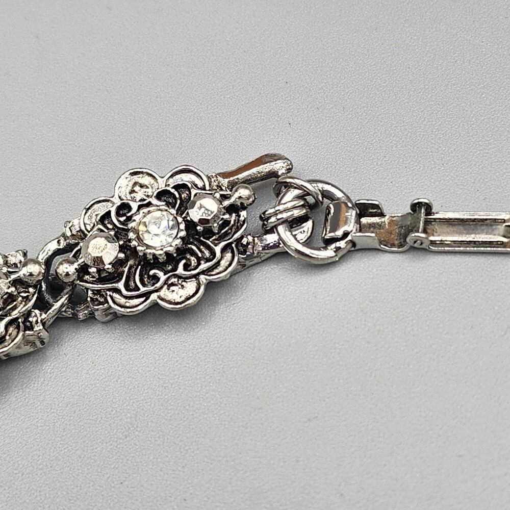 Vintage Silver Tone Floral Link Bracelet Clear Bead Chunky Jewel Art To Wear - Picture 6 of 10